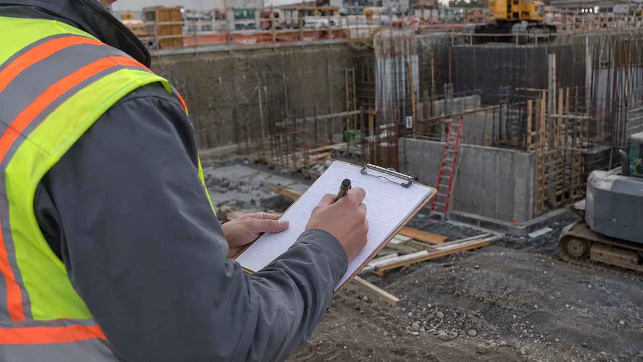 Field inspector writing daily report on a clipboard at an active construction site